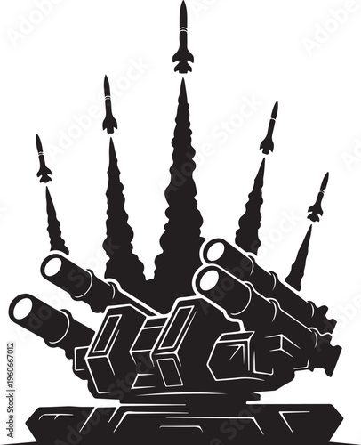 Military tank, war machine, missile launcher, black silhouette, vector illustration