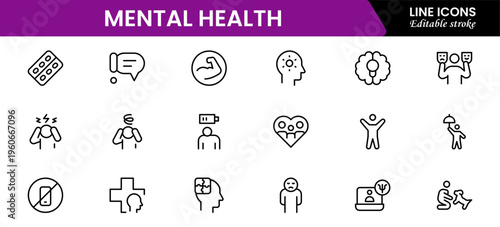 Mental Health Line Editable Icons set. Vector illustration in modern thin line style of medical icons: components of a healthy lifestyle and mental balance.