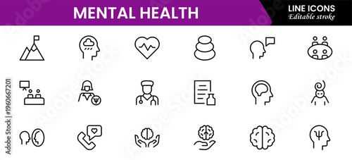 Mental Health Line Editable Icons set. Vector illustration in modern thin line style of medical icons: components of a healthy lifestyle and mental balance.