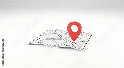 Red location pin on a folded map with black lines against a plain white background in a studio shot ai generated