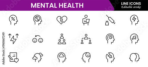 Mental Health Line Editable Icons set. Vector illustration in modern thin line style of medical icons: components of a healthy lifestyle and mental balance.