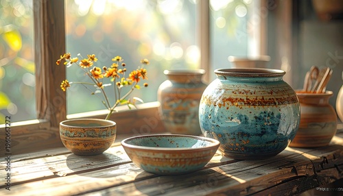 Pottery on a sunlit windowsill with flowers and a dreamy outdoor view