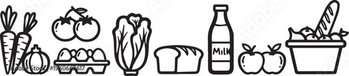 A simplified line art vector illustration graphic depicting an organized collection of essential grocery items like vegetables, dairy, and baked goods, perfect for conveying a healthy lifestyle