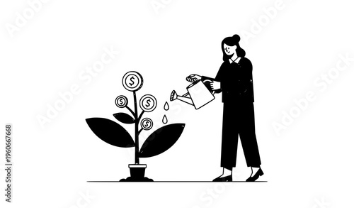 Woman watering money plant financial investment growth vector illustration