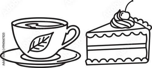 Simple black and white vector line art illustration of a steaming teacup with a leaf design sitting beside a layered slice of cherry topped dessert cake