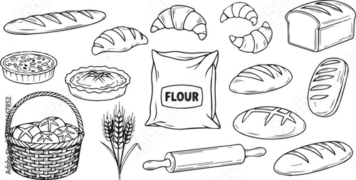 Collection of charming black and white vector illustrations depicting various baked goods bread pastries pies and essential baking ingredients like flour and rolling pin