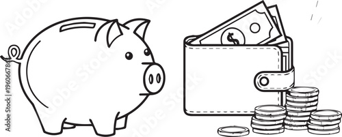 A simple vector graphic illustration depicts a traditional piggy bank next to an open leather wallet overflowing with dollar banknotes and several neatly stacked metallic coins, symbolizing concepts