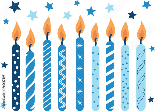 Hanukkah candles vector illustration, festive blue menorah lights with stars decorative holiday celebration design