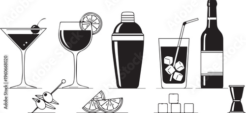 This clean black and white vector illustration depicts a comprehensive collection of essential bar and cocktail elements, including glasses, a shaker, bottle, garnishes, and tools