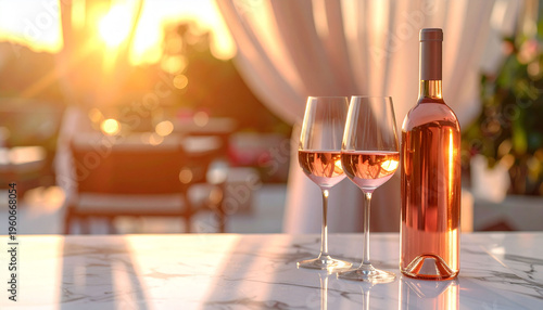 夕陽が差し込むテラスのロゼワインとペアグラス 文字入れ用余白のあるリゾート風背景素材