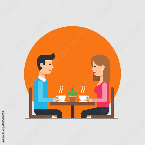 Couple enjoying coffee at a cafe table with a plant and orange sun background