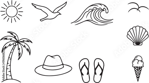 Cohesive vector graphic illustration features charming collection of simple outline summer and beach icons for vacation, travel, and leisure designs, encompassing sun, graceful bird, dynamic wave
