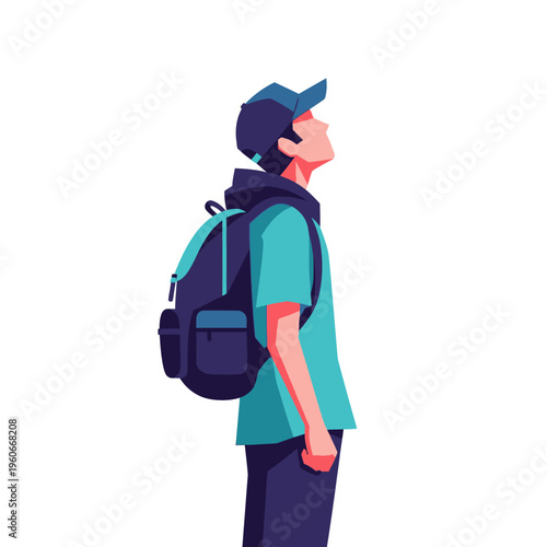Young man with backpack looking up, exploring, dreaming, on white background