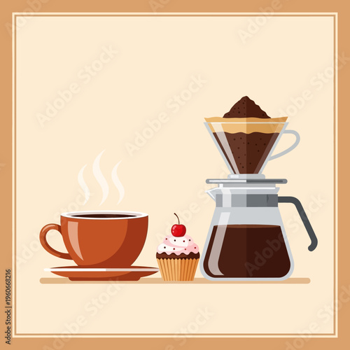 Freshly Brewed Coffee and Sweet Cupcake - Morning Breakfast
