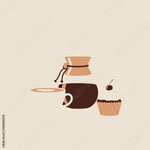 Minimalist Coffee Break: Pour Over Coffee, Cupcake, and Coffee Cup - Flat Design