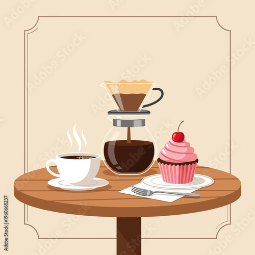 Pour Over Coffee and Pink Cupcake with Cherry on Table