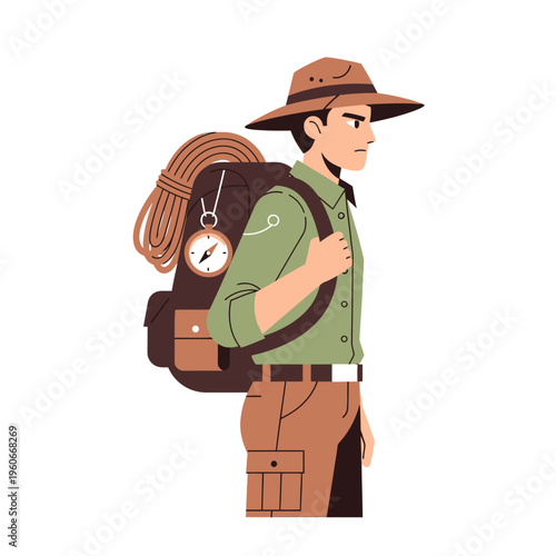 Adventurer with Backpack, Compass, and Rope - Exploring Nature