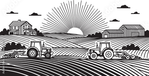 A classic black and white vector illustration depicting a peaceful agricultural farm landscape at sunrise with two powerful tractors diligently working in vast fields, showcasing modern farming