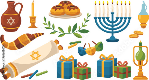 Festive Hanukkah Jewish holiday vector set, with menorah dreidel gifts candles traditional symbols illustration