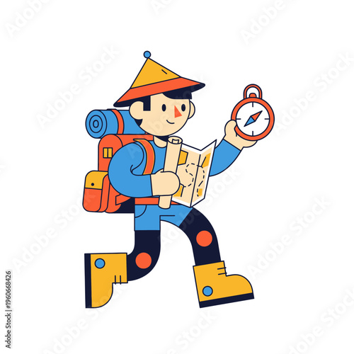 Adventurous hiker with backpack, map, and compass, exploring outdoors. Vector illustration.