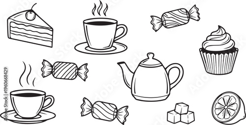 Delightful black and white vector graphic collection featuring assorted sweet treats and hot beverage elements for cafe design projects