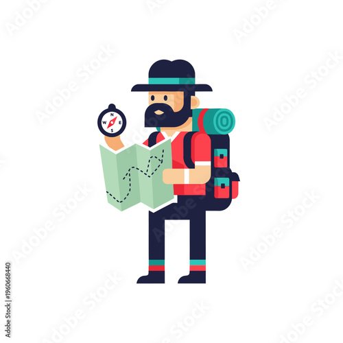 Adventurous Hiker with Compass and Map, Flat Design, Exploring Nature, Travel Concept