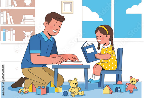 Father teaches young daughter piano indoors while surrounded by colorful.