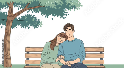 Couple sits close together on a park bench beneath a shady green tree.