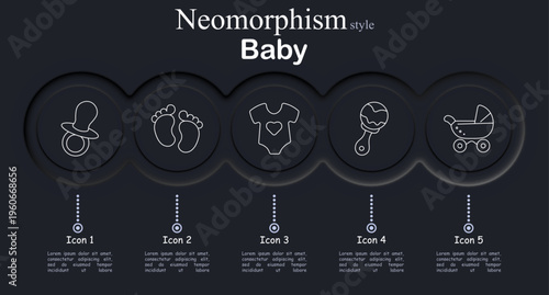 Baby set icon. Neomorphic dark interface circles with line symbols of pacifier nipple, newborn feet prints, baby bodysuit heart, rattle toy ball, stroller pram carriage
