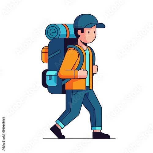 Cartoon hiker walking with a large backpack, adventure and travel concept