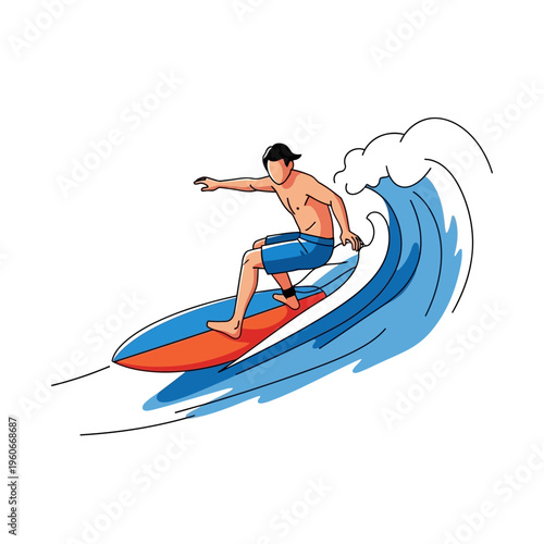 Man surfing on a colorful board, riding a blue wave, dynamic ocean sport illustration