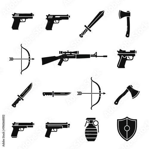 Collection of Weapons Icons: Guns, Swords, Axes, Bows, Knives, Grenade, Shield