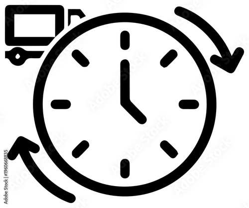 Minimalist black line icon of a just in time clock with circular arrows and computer screen symbol