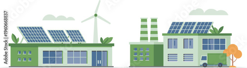 Green eco factory building with solar panels, wind turbine and sustainable renewable energy vector