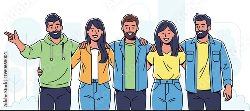 Diverse group of five friends standing closely together with arms around.