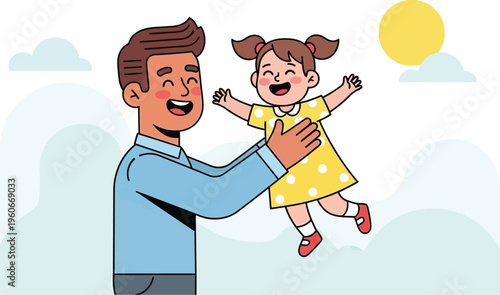 Father joyfully lifts his laughing little daughter high up toward the.