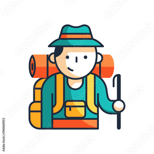 Happy Hiker with Backpack and Trekking Pole - Flat Illustration