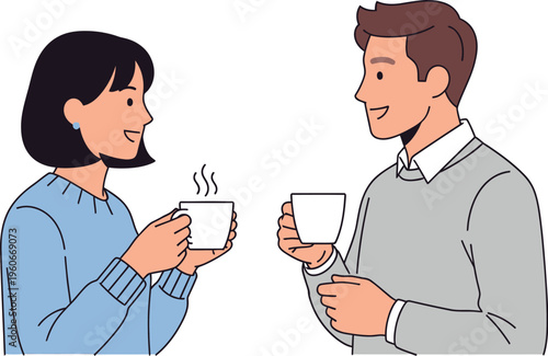 Man and woman converse over steaming cups holding hot beverages in casual.