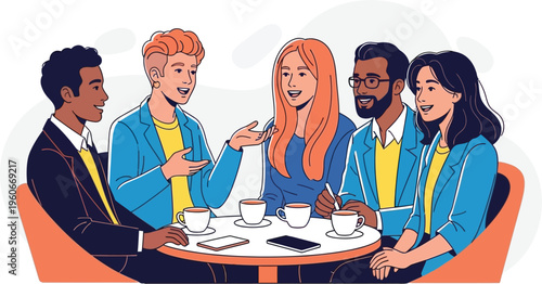 Diverse group of five young professionals discuss ideas casually seated.