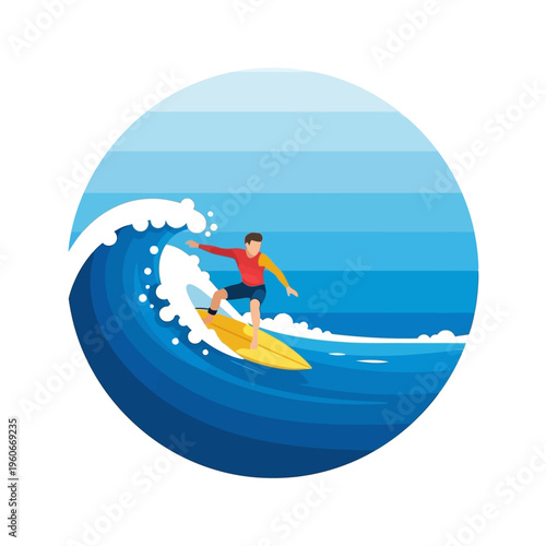 Surfer riding a large ocean wave, dynamic water sport illustration, summer vacation fun