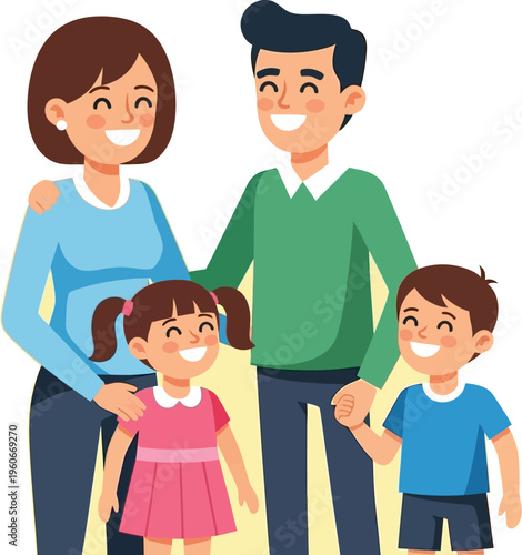 Joyful parents and two young children pose closely holding hands.