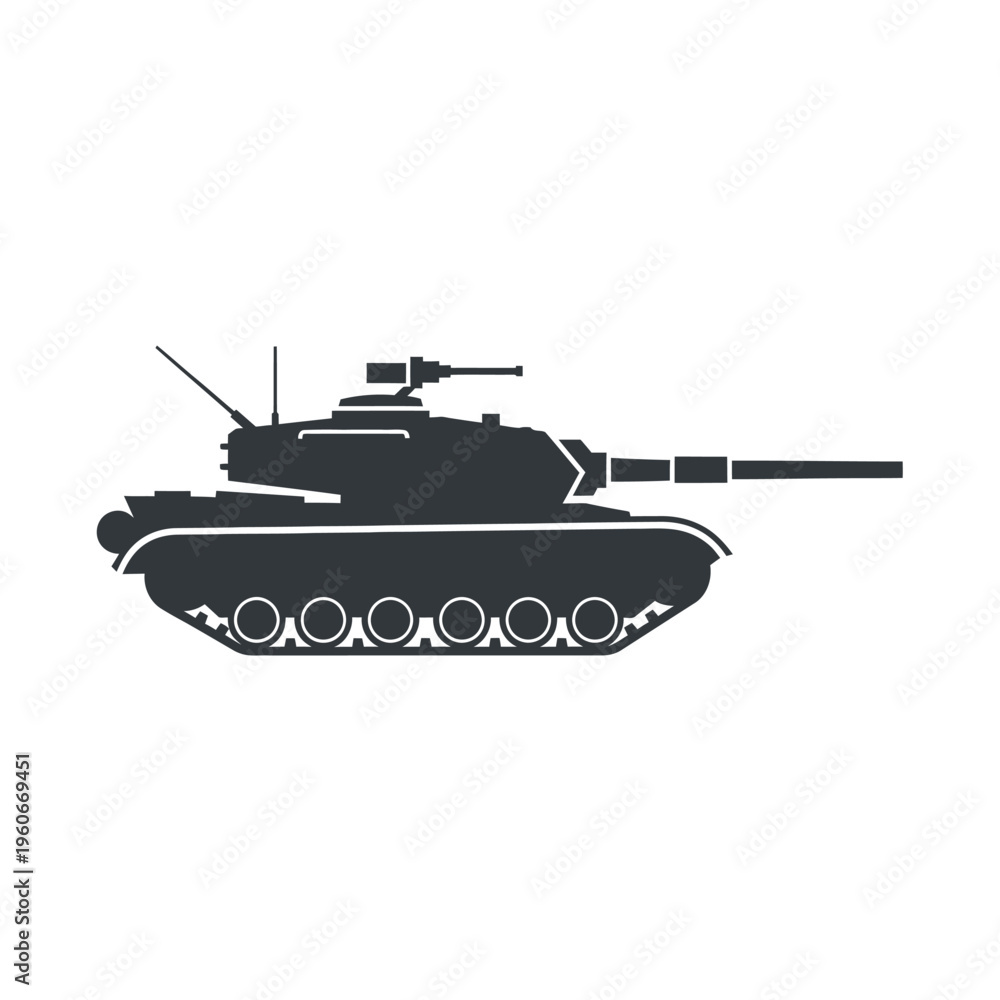 Fototapeta premium Silhouette of a modern battle tank, isolated on white background. Military vehicle icon.