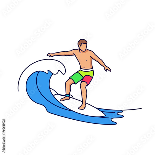Surfer riding a wave, colorful shorts, summer sport, vector illustration