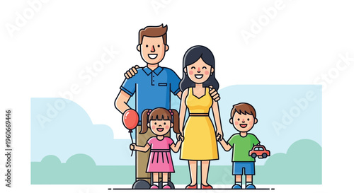 Cheerful family of four stands united holding a balloon and toy car.
