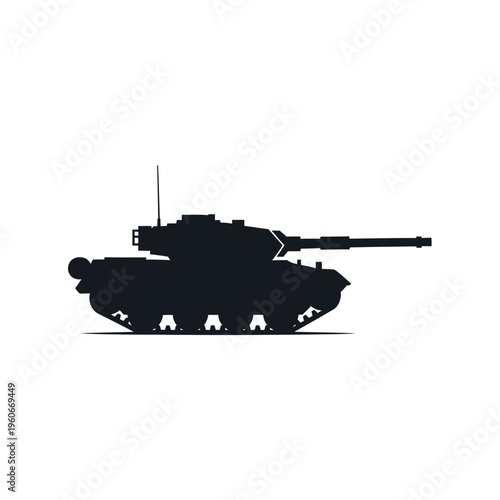 Silhouette of a modern military tank against a white background