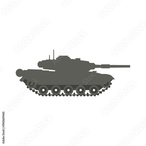 Silhouette of a modern military tank with tracks and cannon, isolated on white