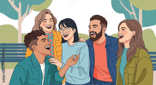 Diverse group of happy young adults laughing together outdoors on a sunny.