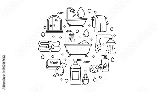 Bathroom Shower and Bath Line Icons Black Outline Vector Hygiene Collection