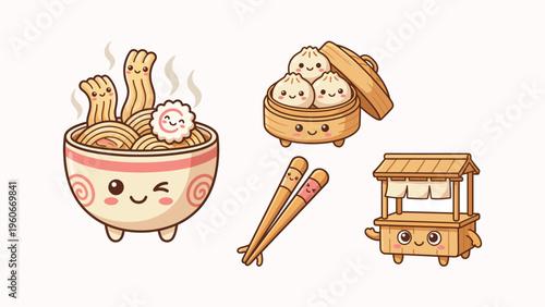 Cute Kawaii Ramen Noodle and Dumpling Characters