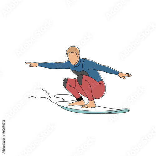 Surfer riding wave on surfboard, dynamic action pose, clean line art illustration